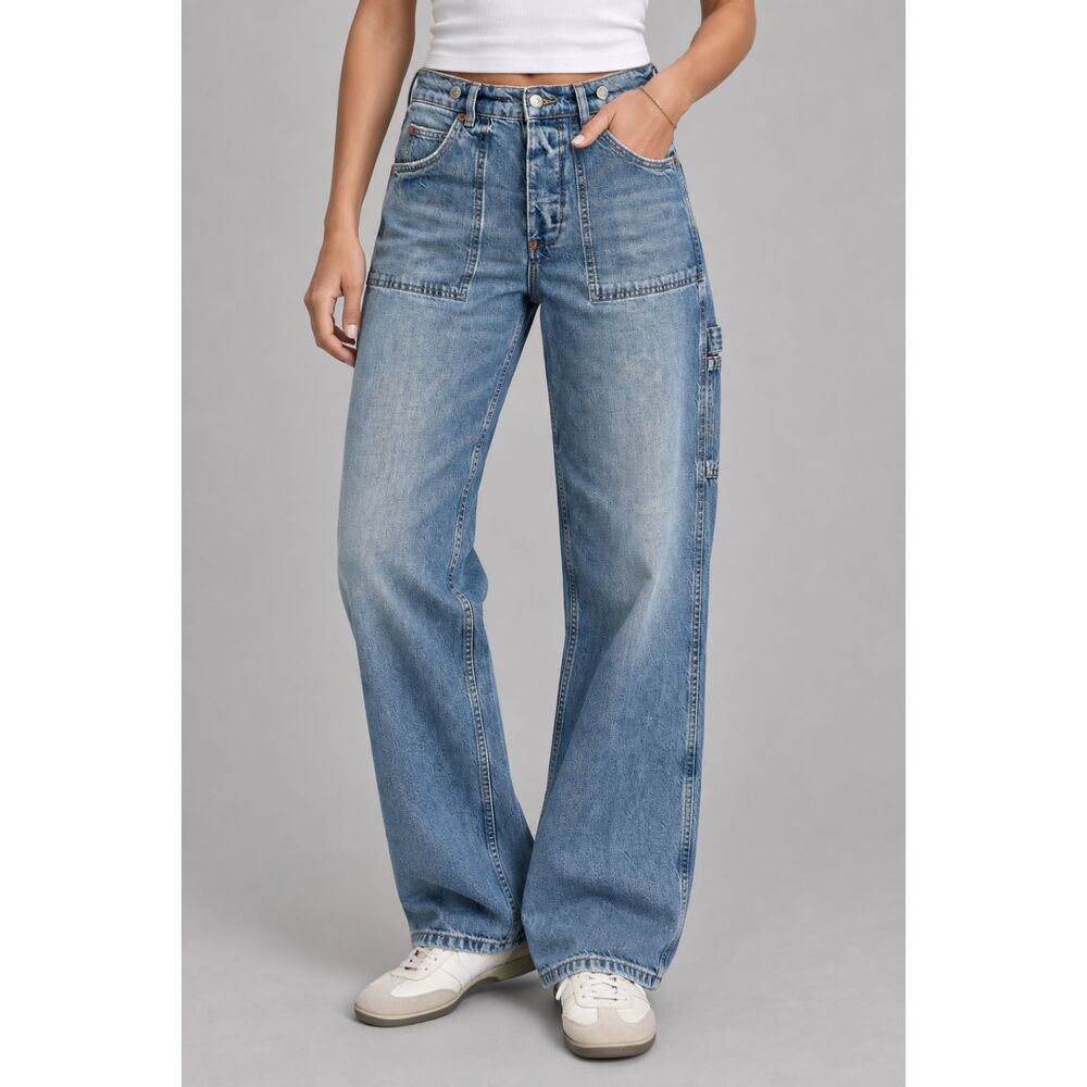 Topshop Womens W28 L32 Blue Jeans High Rise Wide Leg Utility Pocket Denim